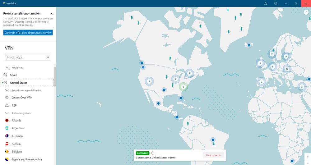 Mapa de conexiones de NordVPN