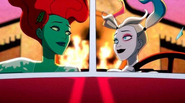 Harley Quinn y Poison Ivy mirándose felices