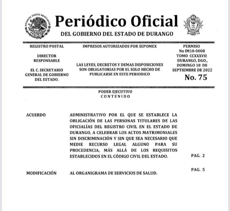 Decreto de aprobación matrimonio igualitario Durango