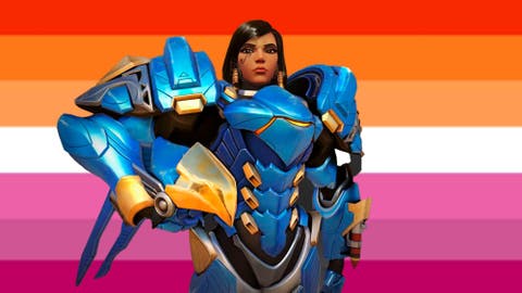 Fareeha Amari con la bandera lésbica de fondo