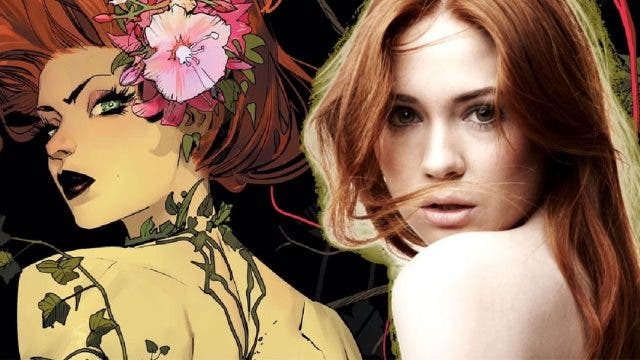 Karen Gillan al lado de una dibujo de Poison Ivy